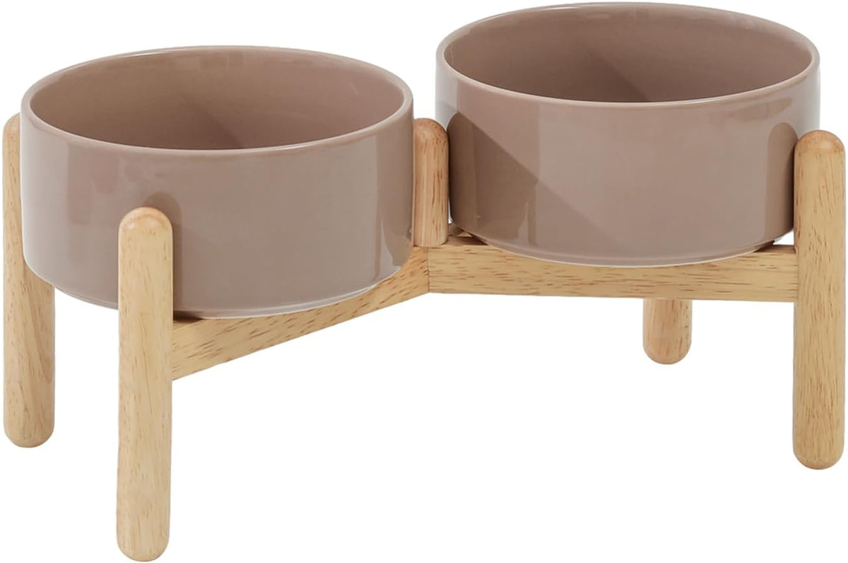 Ceramic 6.1inch Raised Dog Bowl with Stand for Small and Medium Breed Dog Dish Pet Food and Water Bowl (Double Bowl with Stand - Brown Coffee, 28oz)