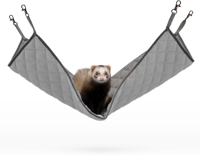 Paw Inspired Hanging Fleece Hammock for Ferrets, Rats, Chinchillas, Sugar Gliders, Small Pets | Hideout Toy for Guinea Pigs, Hamsters | Swivel Clips for Small Animal Cages (Gray/Light Gray)