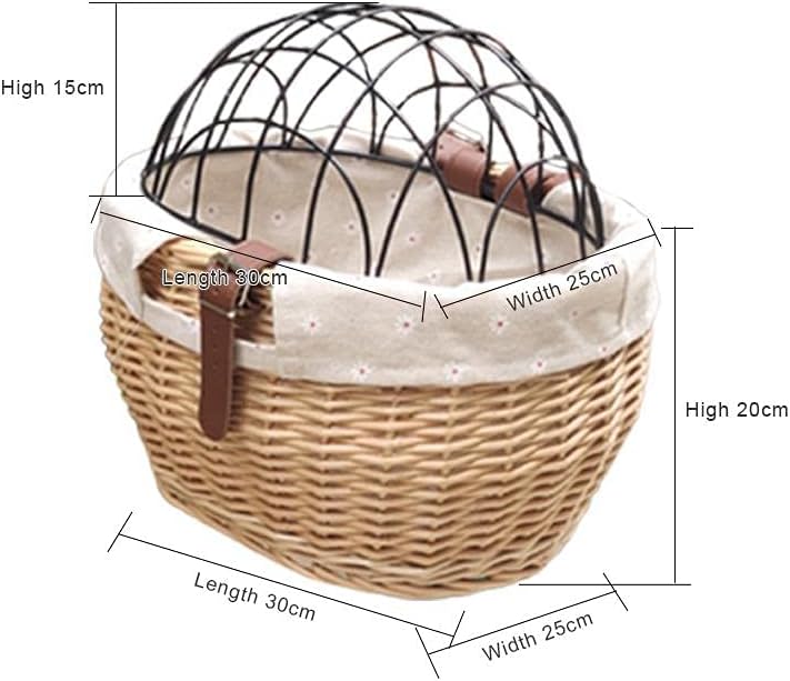 Shiker Bicycle Basket with Wire Mesh Cover, Wicker Bike Basket for Small Dogs Cats, Front Handlebar Bike Basket, Easy to Detachable, 11.81 x 9.84 inch