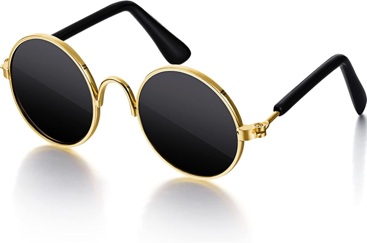 Dog Sunglasses Retro Pet Glasses Doll Glasses Classic Round Dog Glasses Metal Cat Puppy Eye Wear Hippie Costumes for Cats and Dogs, Photos Props Cosplay Party Costume (Gold, Black,Classic Style)