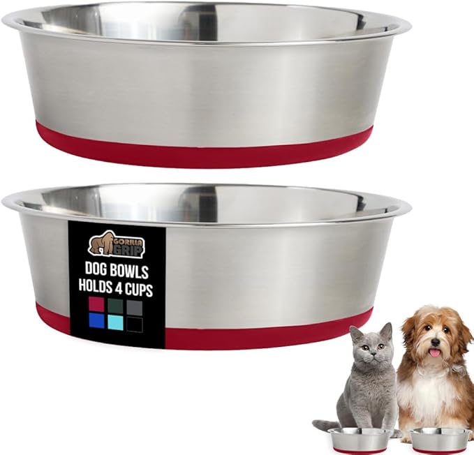 GORILLA GRIP Set of 2 Dog Bowls, Holds 4 Cups (32 fl oz), Heavy Duty Metal Food and Water Bowl for Feeding Dogs and Cats, Dishwasher Safe, Rust Resistant Stainless Steel, BPA Free Rubber Base, Red