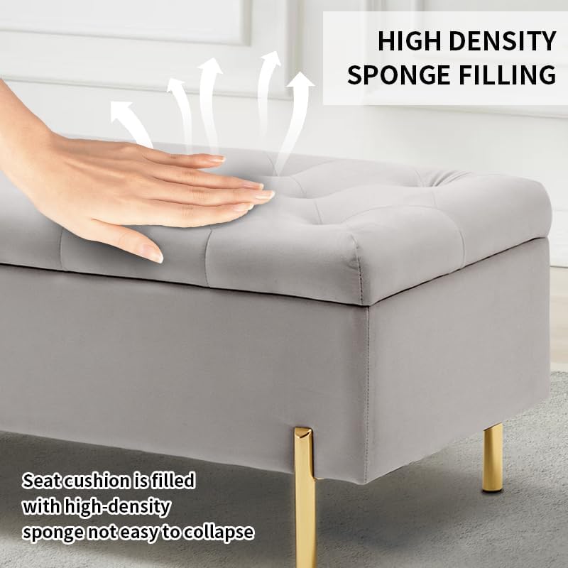 45.6 Inch Velvet Storage Bench, Tufted Upholstered Ottoman with Storage, Bedroom Living Room Entryway Rectangular Accent Bench, Grey