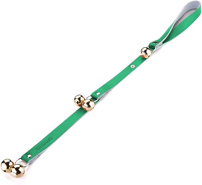 Leather Dog Doorbells for Door Knob/Potty Training/Go Outside, Length Adjustment Copper Dog Bell, Housetraining Hanging Bell, Green Leather Golden Bells.