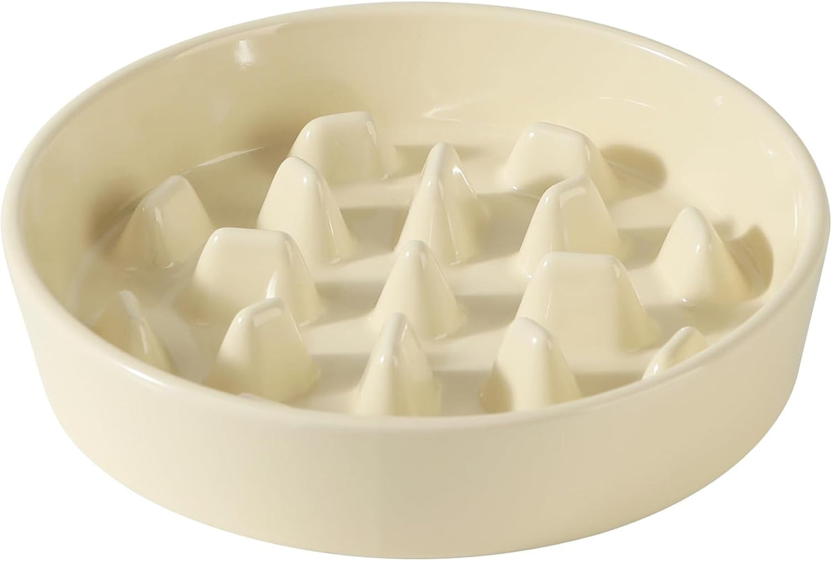 Ceramic 9.5 inch Dog Bowl Slow Feeder, Slow Pet Food Dish for Large Dog, Stop Bloat, Preventing Choking(Single Bowl, Beige)