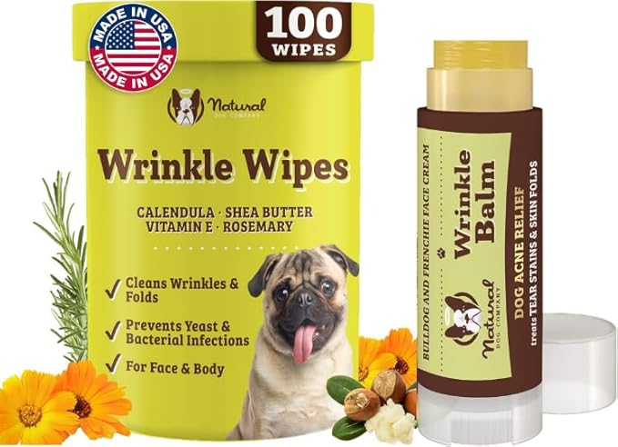 Natural Dog Company Wrinle Balm Bundle, (1) Dog Wrinkle Wipes, 50 Count (1) Travel Balm Stick, Dog Lotion for Dry Itchy Skin, Cleans Wrinkles, Plant Based, Dog Face Wipes