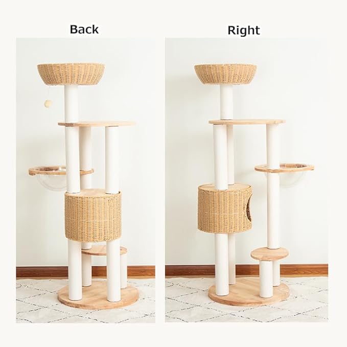 Wooden Cat Tree for Large Cats, Modern Multi-Level Condo with Natural Wood, Indoor Cat Furniture for Medium and Big Pets (Cream Y909S)