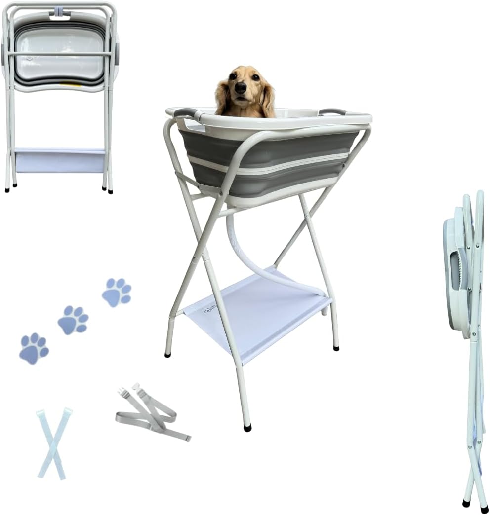 Collapsible Elevated Pet Bathtub, Foldable Washing Station for Small to Medium Dogs and Cats, Portable Pet Shower and Grooming Stand for Indoor and Outdoor Use
