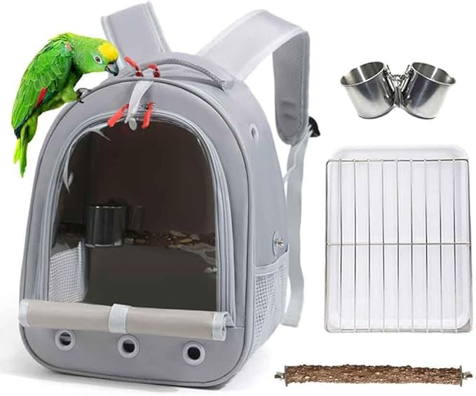 Bird Traval Carrier Cage, Multi Vent Holes Clear Space Capsule Astronaut Backpack to Carry Parakeet Cockatiel Parrot with Metal Tray Wood Perch, Vet Transport Book Bag (Grey)