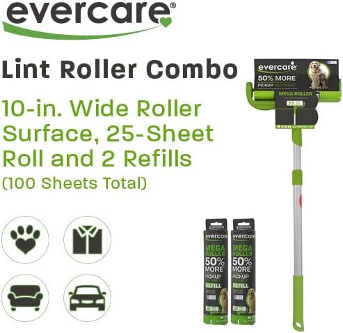 Evercare Pet Mega Lint Roller Value Pack with Two 50-Sheet Refills - Includes Refillable Lint Roller, Adhesive Sheets, Versatile Cleaning Uses, Home and On-The-Go Use, Extendable Handle