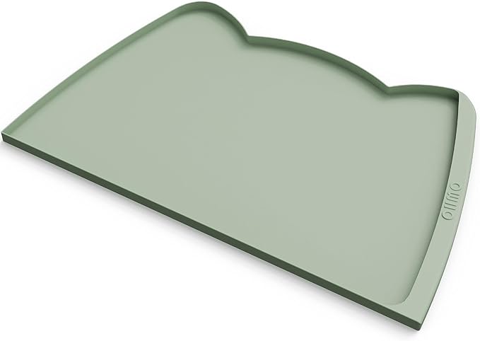 OHMO Dog Food Mat(Sage Green, 24 * 15'') w/Residue Collection Pocket Silicone Pet Feeding Mat for Floor High Edges Anti Spills Waterproof Cat Water Bowl Tray, Easy Clean Placemat