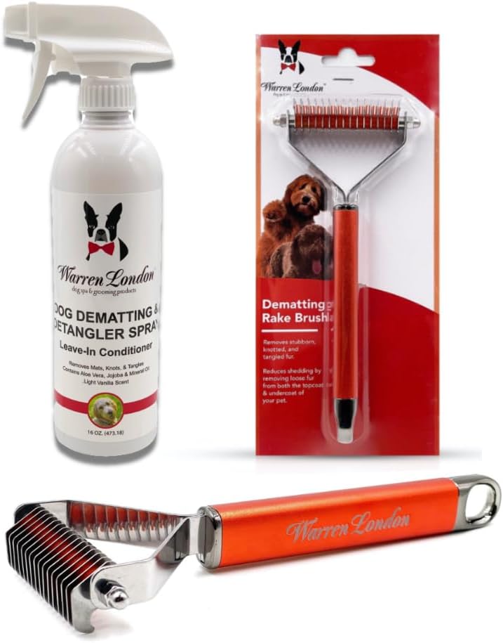 Warren London Dog Mat Remover Combo | Detangling Spray 16oz & Rake Brush | Tackles Tangles, Knots & Mats | 16oz Aloe & Jojoba Spray + Grooming Rake | $40 Value – Only $29.99