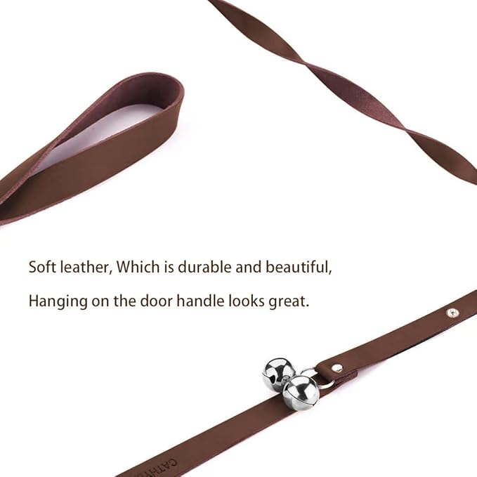 Leather Dog Doorbells for Door Knob/Potty Training/Go Outside, Length Adjustment Copper Dog Bell, Housetraining Hanging Bell, Dark Brown Leather Silver Bells - 2 Pack
