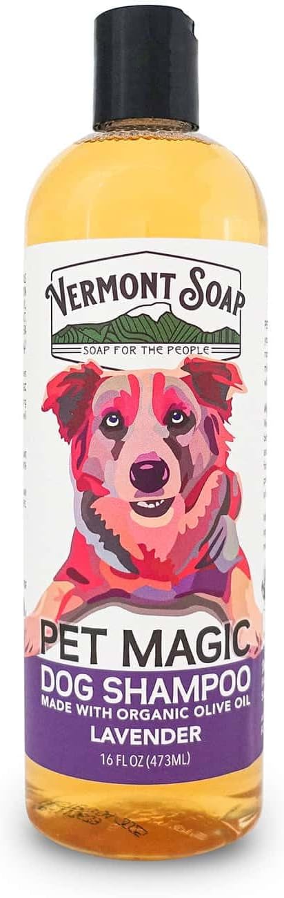 VERMONT SOAP Organics Pet Shampoo - Infused with Organic & Natural Olive Oil, Coconut & Aloe Vera Dog Shampoo for Sensitive Skin - USDA Certified Grooming Pet Shampoo - Lavender (16oz)
