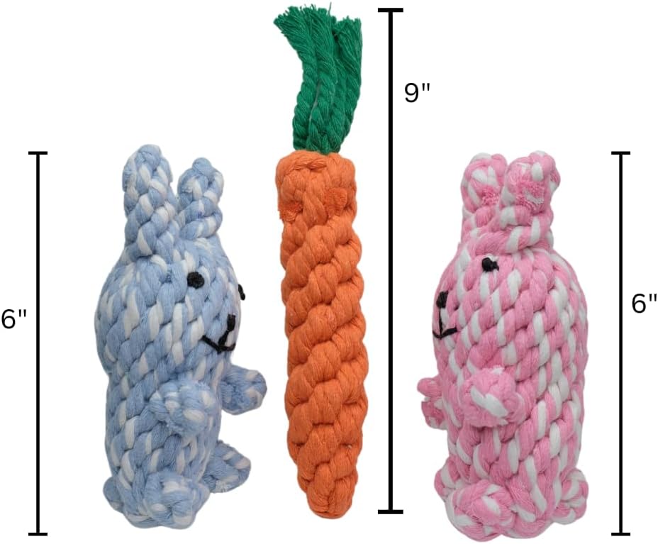 HILLBERRY Dog Rope Chew Toy Cotton Pink and Blue Rabbits and Carrot Bundle Set for Teething Puppy, Small, Miniature and Toy Breed Cute Pet Play Essentials