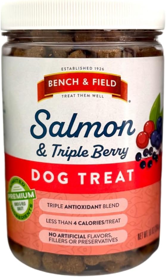 Bench & Field Holistic Natural Salmon & Triple Berry Dog Treats | Crunchy Bone-Shaped Bites | Antioxidant Blend, 10-Ounce Bottle