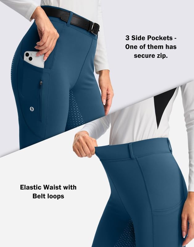 SANTINY Women's Horse Riding Pants Zipper Pockets Silicone Full-Seat Breeches Equestrian Schooling Tights for Women