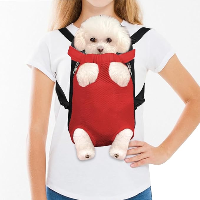 FEimaX Dog Carrier Backpack Pet Legs Out Front Cat Travel Bag, Adjustable Puppy Backpacks Carriers Hands-Free for Small Medium Dogs Cats Hiking Traveling Camping Daily Walking (X-Large, Red)