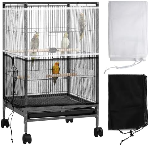 2 Pack Bird Cage Seed Catcher Guard, Bird Cage Cover,Heavy Duty Adjustable Nylon Mesh Netting Seed Catche for Parrot Parakeet Macaw African(L-94.4’’*14.9’’)