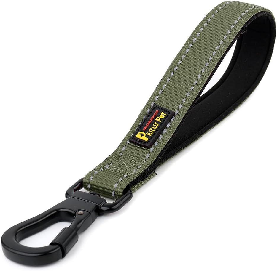PLUTUS PET Short Dog Leash, Reflective Nylon Padded Handle, Strong Traffic Leash with Carabiner Clip, Perfect for Large or Medium Dogs (10”，Ranger Green)