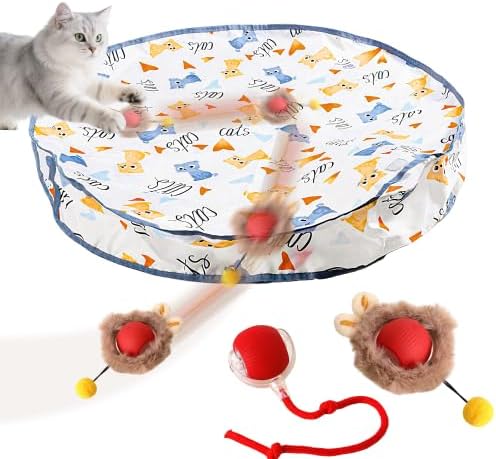 Interactive Cat Toys Ball - 2pcs Automatic Fast Rolling Ball in Play Mat, Hide and Seek Mouse Catching Game, Low-Noise Cat Enrichment Toys in Pouch for Indoor Bored Cats(Heart Patterns - Round)