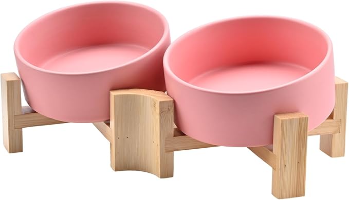 SPUNKYJUNKY 15° Slanted Ceramic Dog and Cat Bowl with Wooden Stand, Tilted Bulldog Food and Water Bowl No Slip Non-Spill for Cats Medium Dogs Big Face Pets 13.5 OZ (1.7 Cups, Pink × 2)