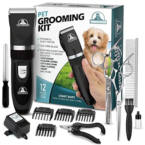 Pet Union Professional Dog Grooming Kit - Cordless Low Noise Dog Clippers for Grooming Thick Coats - All Pet Safe Cat Hair Trimmer - Pet Grooming Kit Includes Dog Hair Clippers, Nail Trimmer & Shears