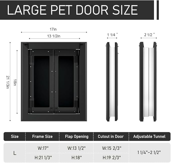 【PATAPLUS】 Aluminum French Large Dog Door,Strong Double Magnetic Flaps,with Aluminum Telescoping Tunnel Heavy-Duty Do g Door for L arge and Medium Dog Up to 110LBS (Large,Black)