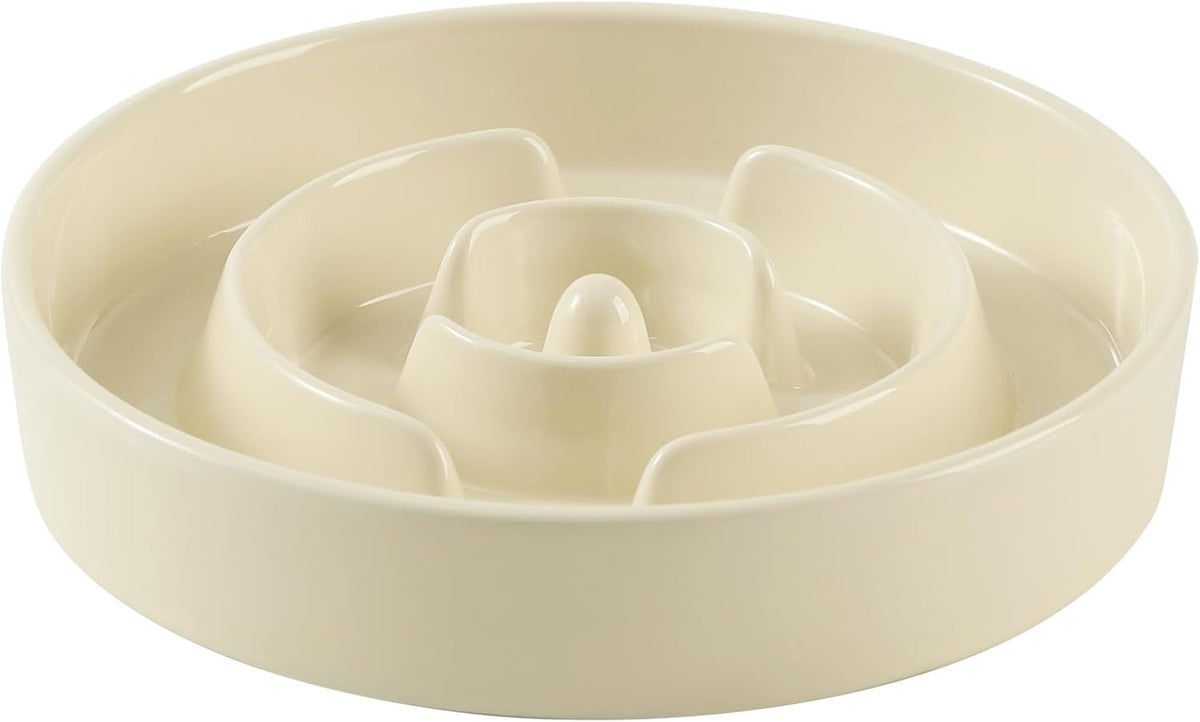 8.2inch Ceramic Slow Feeder Dog Bowl for Medium and Large Breed, Puzzle Dog Food Dish, Anti-Gulping, Pet Slow Feeder, Stop Bloat, Preventing Choking (Single Bowl-Beige)