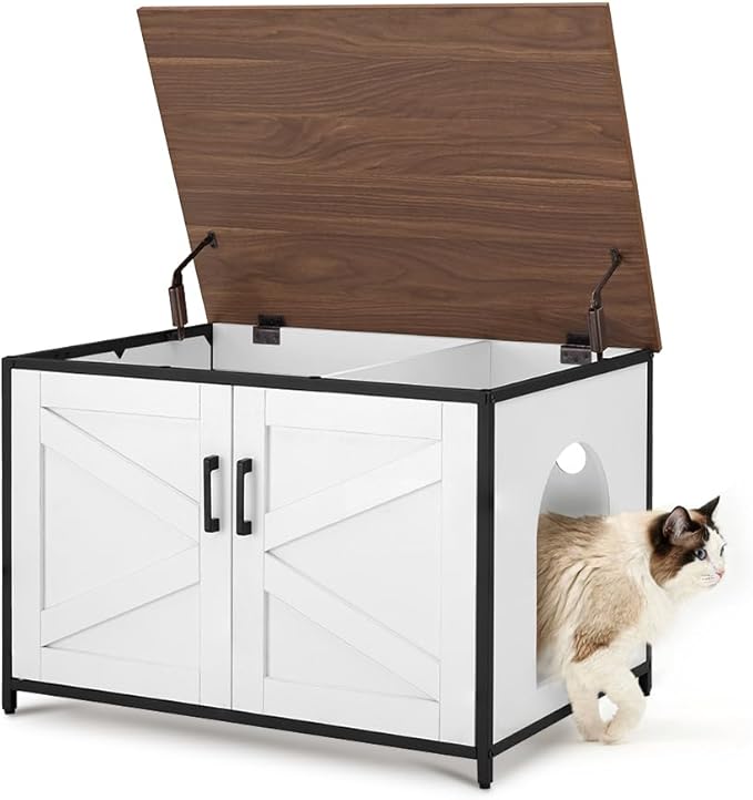 unipaws Extra Large Cat Litter Box Enclosure Furniture with Top Opening, XL Washroom Bench for Cats with Removable Divider, Jumbo Automatic Litter Box Cover and Hidden Cat Box