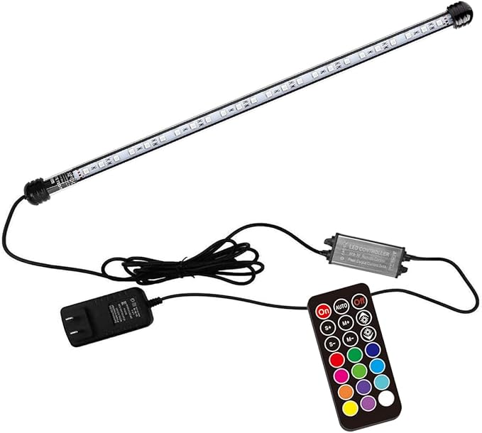LED Aquarium Light, 19.5 inches Fish Tank Light RGB Color Underwater light Submersible Crystal Glass Lights, 27 LED Beads, Brightness Adjustable Memory Function, LED Light bar Stick for Fish Tank