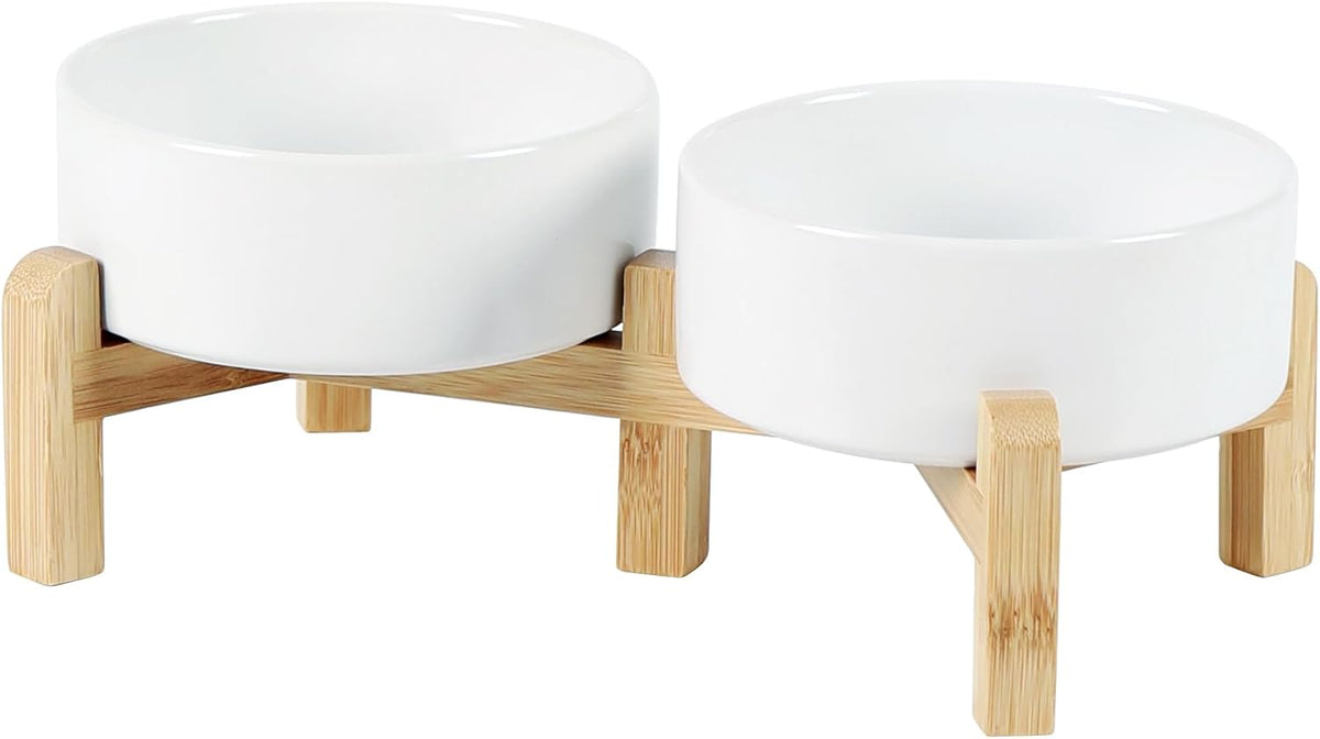 Ceramic Raised Double Bowls Set with Stand, 2 Heights Elevated, Food & Water Bowls for Small Breed Dogs, Cats, Kitty, Weighted Dog Dishes, Pet Bowls(5.1'',13.5oz, White)
