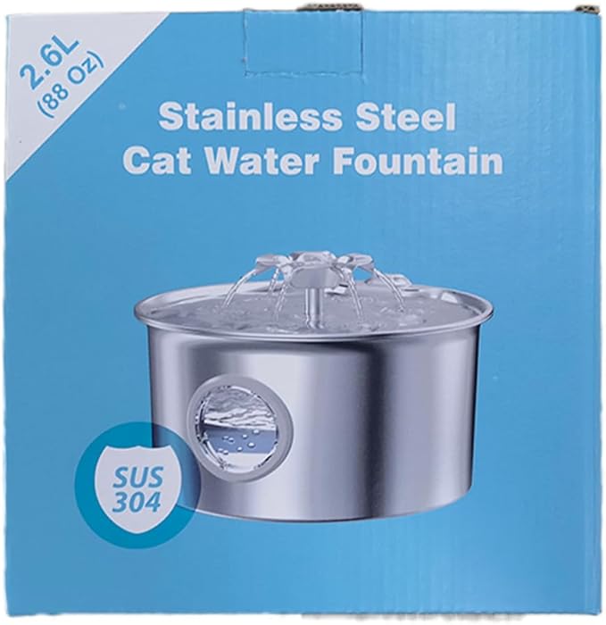 Cat Water Fountain Stainless Steel: 88oz/2.6L Pet Drinking Fountains with 6 Filters Water Bowl for Cats Inside with Flower Kitty Spout Dog Dispenser Animal Watering Supplies - Water Level Window