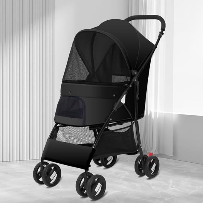 Sunny Sonny Foldable Jogger Pet Stroller with Weather Cover Storage Basket Pet Travel Carrier for S/M Dogs Cats up to 33lbs (Black)
