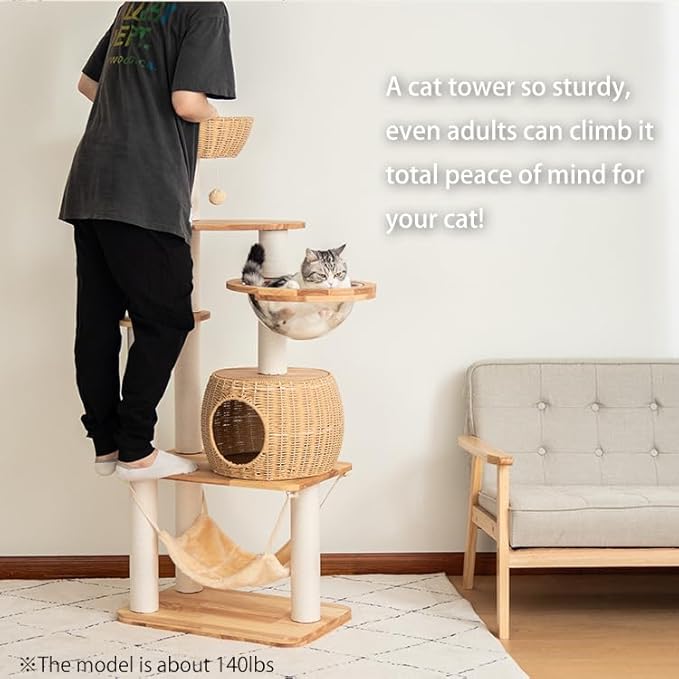 57'' Cat Tower for Large Cats, Manual Hand Woven Modern Multi-Level Condo with Natural Wood, Cat Activity Centre for Medium and Big Pets