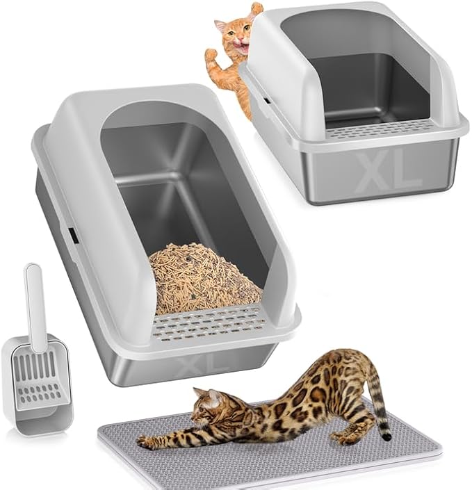 2 Pack Stainless Steel Litter Box, 24'' XL Extra Large Cat Litter Box with Lid, Metal Litter Boxes for Multiple Cats, Anti-Leakage,Non-Stick, Easy to Clean, Included Cat Litter Mat, Scoop