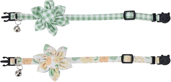 Cat Collar Breakaway with Cute Sunflower and Bell Plaid Flower for Kitty Adjustable Safety