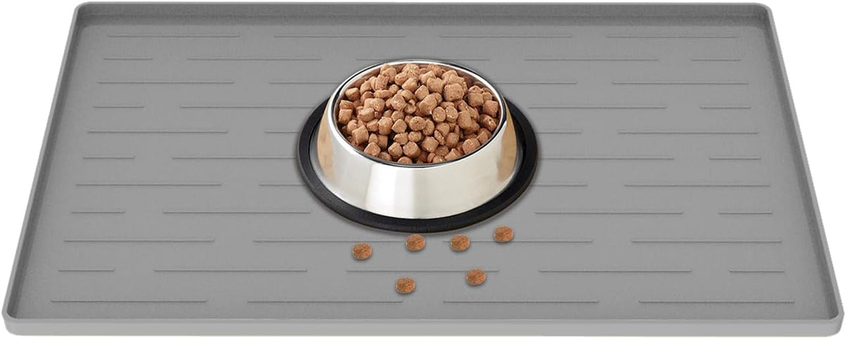 18" x 12" Dog Food Mat, Silicone Pet Mats for Food and Water, Nonslip Pet Feeding Mats for Floors, Dog Cat Bowl Mat with Raised Edges, Light Gray