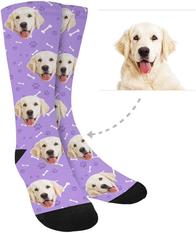 MyPupSocks Custom Personalized Photo Pet Face Socks, Cat and Dog Tracks Paws Bones Crew Socks with Picture for Men Women