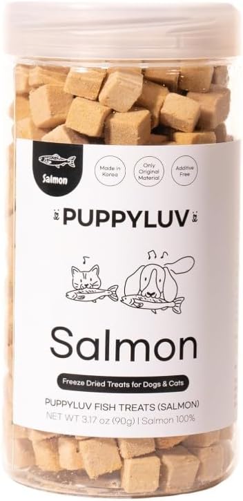Puppyluv Treat - Freeze Dried Salmon Dog & Cat Treats, Wild Caught, Single Ingredient, Natural High Protein & Fish Oil, Grain Free Gluten Free, 3.2oz