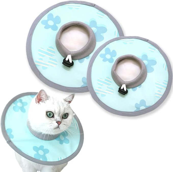 Cat Cone Collar 2pcs Adjustable Protective Collar for Pet Cat Recovery Collar Wound Healing (B-Blue Flower, M+L)