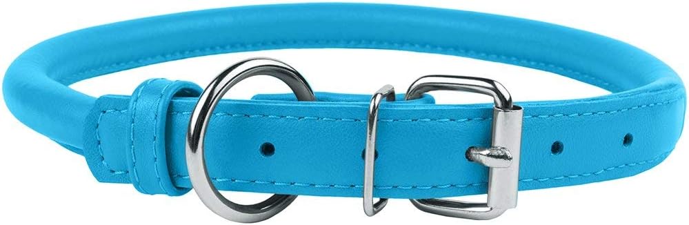 CollarDirect Rolled Leather Dog Collar, Soft Padded Round Puppy Collar, Handmade Genuine Leather Collar Dog Small Large Cat Collars 13 Colors (13-16 Inch, Light Blue Textured)