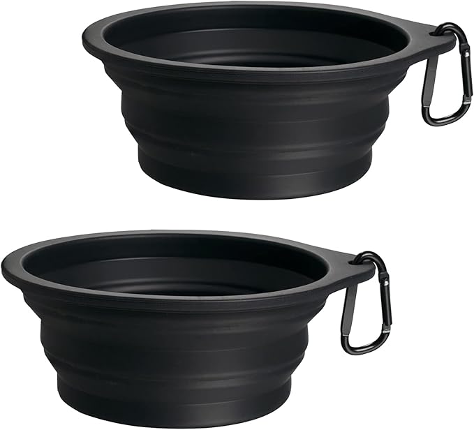PetBonus 2-Pack Silicone Collapsible Dog Bowls, BPA Free Dishwasher Safe, Portable Foldable Expandable Travel Bowl, Food Water Feeding Cup Dish for Dogs Cats with 2 Carabiners (Black, Black)