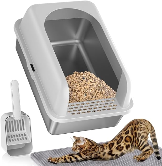 Stainless Steel Litter Box with Lid, Metal Litter Box with Cat Litter Mat,Extra Large Enclosed Cat Litter Boxes for Multiple Cats, Anti-Leakage,Non-Stick, Easy to Clean, Included Mat, Scoop