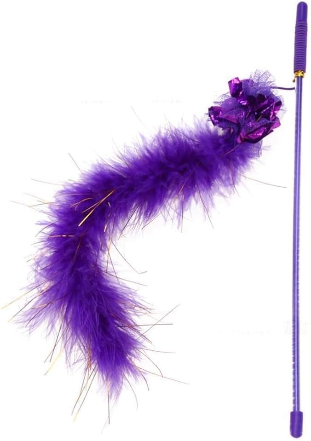 Purple Cat Teasing Stick Toy - Interactive Stick with Sparkly Feather Boa & Crinkle Ball for Indoor Cat Training & Fun