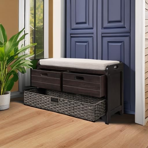 Storage Bench with Removable Basket 2 Drawers Fully Assembled Acacia Wood Shoe Bench Standing Shoe Rack Removable Cushion for Living Room, Entrance Hallway, No Assembly Required Espresso