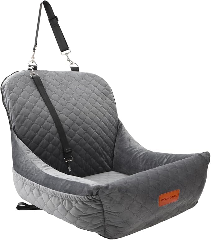 Dog Car Seat,Fully Detachable and Washable Cover,Easy to Assemble,Comfy Cushion Fill in Memory Foam,2 Clip-On Safety Leashes and Storage Pockets (Grey)