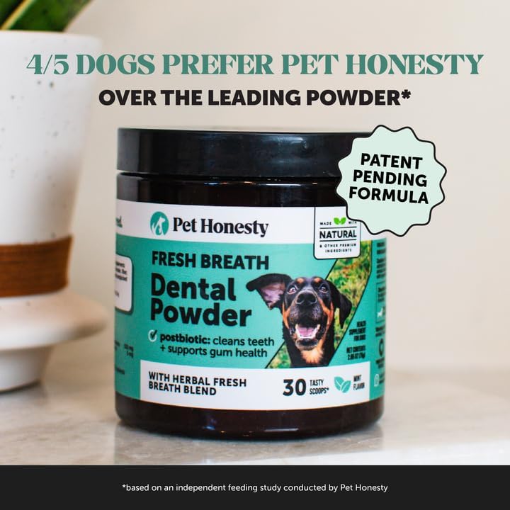 Dog Breath Freshener Dental Powder for Teeth Cleaning Plaque Off, Dental Care for Large Dogs, Tartar Remover for Teeth with Natural Herbal Blend + Postbiotics (Mint - 60 Servings)