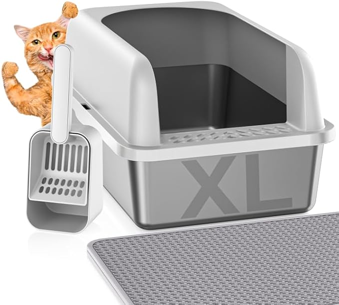 Stainless Steel Litter Box with Lid, Metal Litter Box with Cat Litter Mat,Extra Large Enclosed Cat Litter Boxes for Multiple Cats, Anti-Leakage,Non-Stick, Easy to Clean, Included Mat, Scoop