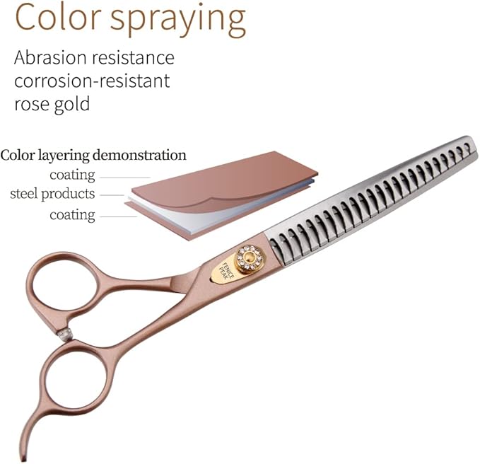 Fenice Peak 7‘’ Professional Dog Grooming Scissors Set Rose Gold 440C Stainless Steel Straight Thinning Curved Chunker Shears 4pcs Set for Pet Grooming Services Dogs and Cats
