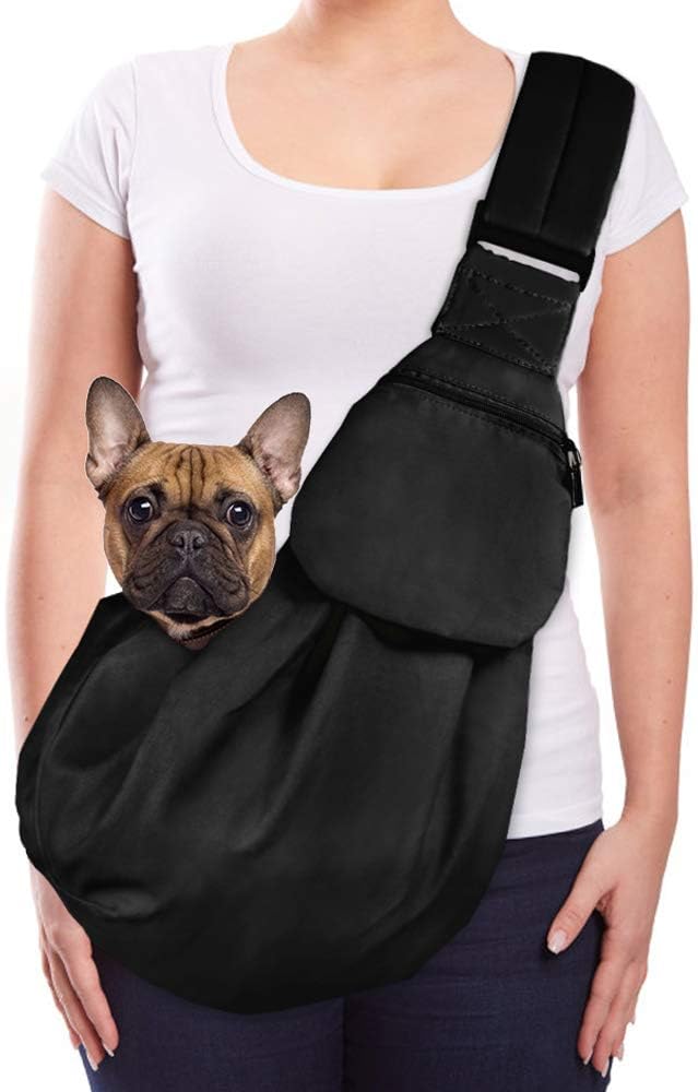 Lukovee Pet Sling, Hand Free Dog Sling Carrier Adjustable Padded Strap Tote Bag Breathable Cotton Shoulder Bag Front Pocket Safety Belt Carrying Small Dog Cat Puppy Machine Washable (Black, M)